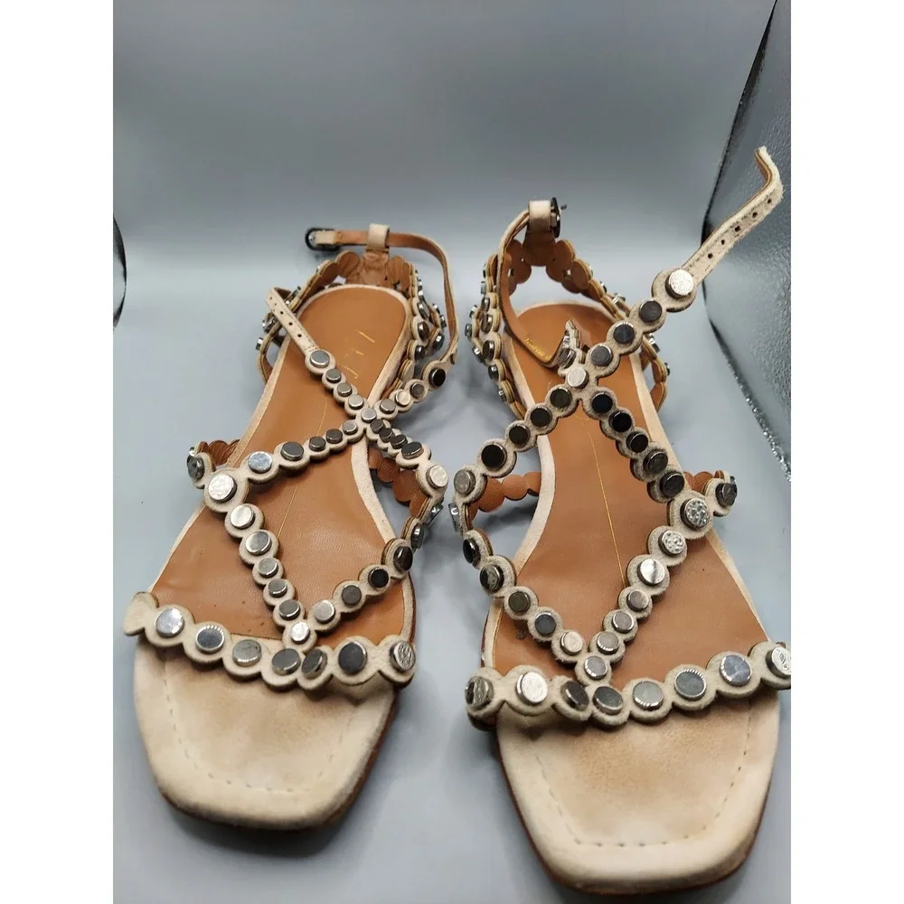 Lola Cruz Studded Leather Gladiator Sandals Beige Tan Square Toe Flat Shoes‎ 36